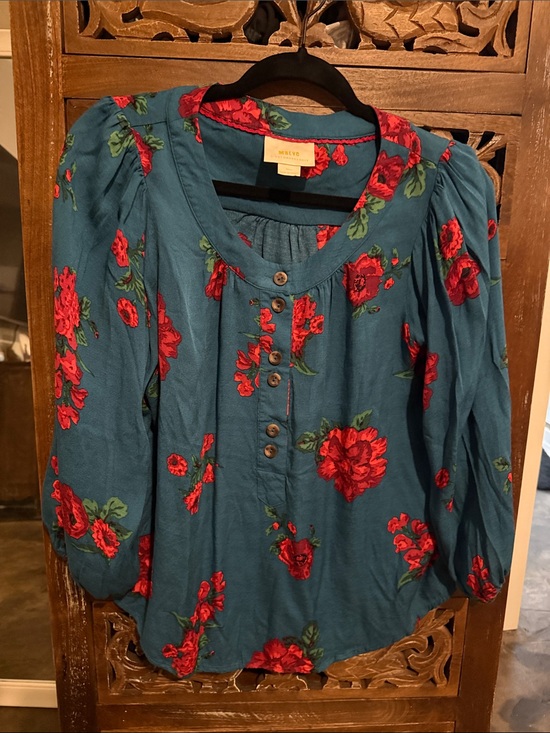 Anthropologie Tops - Maeve Teal Floral Button-Front Peasant Blouse